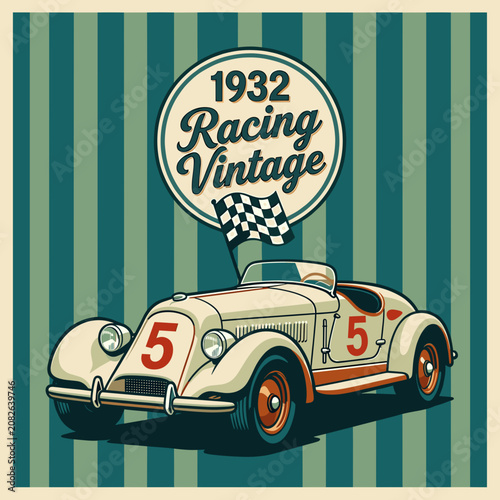 Vintage 1932 Racing Car with Checkered Flag on Striped Background