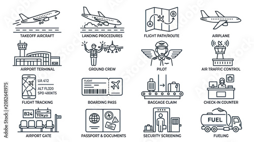Comprehensive airport terminal and ground crew management icons.