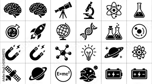 Foto Comprehensive black science and technology icon collection.