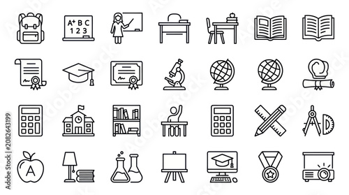 Fotografi Comprehensive school and classroom supply icons set.
