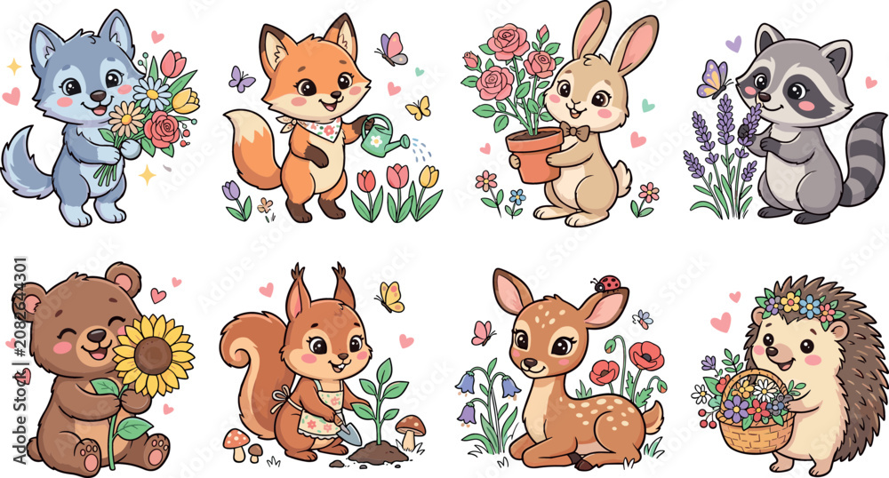 Fototapeta premium Cute Woodland Animals Gardening Vector Sticker Set Featuring Fox Bear Rabbit and Raccoon Characters with Spring Flowers for Children Graphic Design Projects