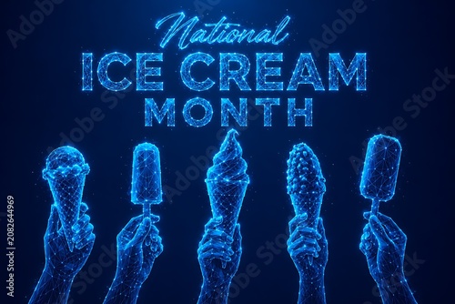 Human hands holding various ice cream desserts created with a digital wireframe style. low poly futuristic neon blue national ice cream. low. poly futuristic neon blue national ice cream month