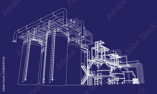 Chemical Factory with Storage Tanks and Pipes Vector Black Line Art | Industrial Processing Plant Outline Illustration