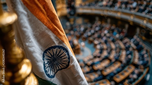 The Indian flag is prominently displayed inside a parliamentary chamber filled with seated individuals attending a session.