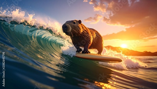 Capybara Surfing Adventure Riding A Large Ocean Wave During A Vibrant Golden Sunset Reflection In A Cinematic Tropical Setting