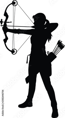 Tableau sur toile Female archer silhouette aiming compound bow with arrows in quiver vector illust