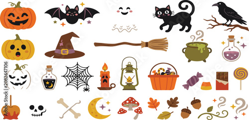 Cuadro en lienzo Cute spooky Halloween vector asset collection with pumpkins witch hat cat candy and magical elements
