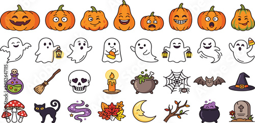 Fotografía Cute spooky Halloween vector asset collection with pumpkins ghosts witch hat cat candy and magical elements