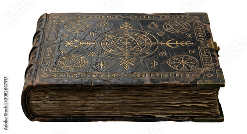 Fotografie Ancient leather spellbook with golden magic runes