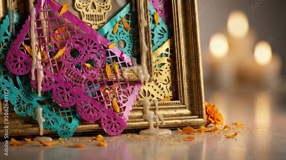 Obraz premium Mixed-media collage for Day of the Dead / Dia de los Muertos: papel picado layers, marigold petals, sugar skull motifs, candle wax, and framed photo edges arranged with vivid magenta, teal, and gold