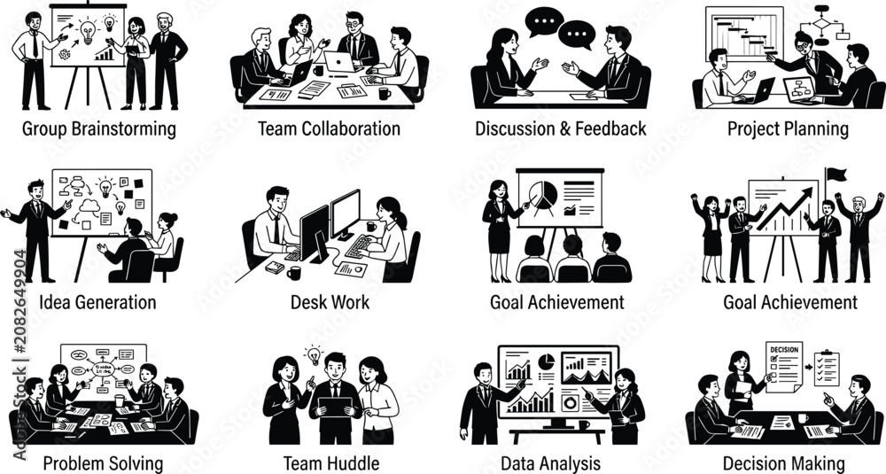 Obraz premium Professional Vector Set Featuring Various Office Business Situations Including Team Collaboration, Brainstorming, Project Planning, And Strategic Decision Making Processes