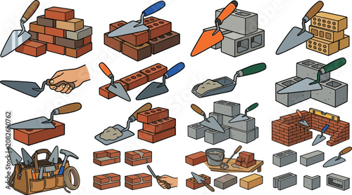 Obraz na plátně Masonry tools collection featuring bricklaying trowels concrete blocks bricks mo