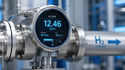 Industrial hydrogen flow meter monitoring gas pressure and temperature