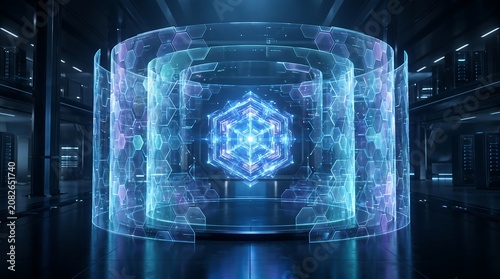 Abstract Futuristic Digital Network Hologram with Geometric Patterns and Glowing Lights