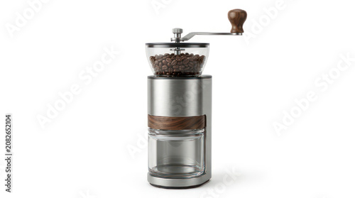 Manual coffee grinder with roasted beans in glass container.