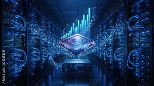 Futuristic server room with rows of memory modules, fiber-optic cables, blue status LEDs, and a floating 3D chip render, paired with graph bars and particle streams to visualize rapid demand for