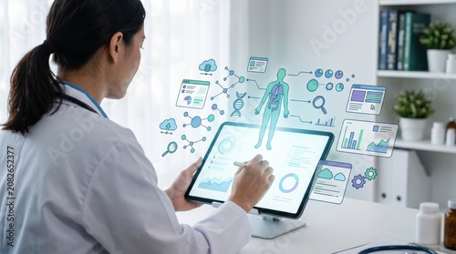 Doctor analyzing digital health data on tablet with floating icons of human anatomy, charts, and cloud computing for telemedicine and remote patient monitoring solutions.