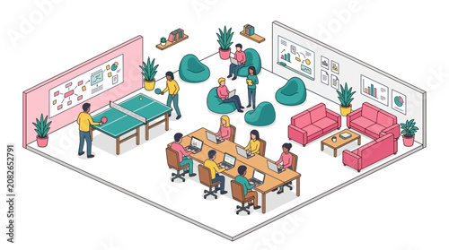 Modern isometric startup office with people working and relaxing