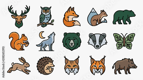 Clean Colorful Illustrated Set of 15 Whimsical Forest Animals and Nature Symbols in Flat Design Style