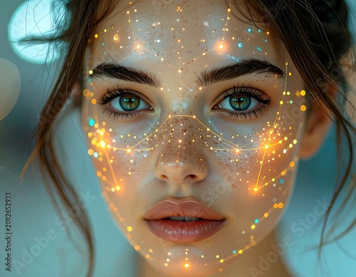 Digital face projection with glowing geometric patterns and light particles