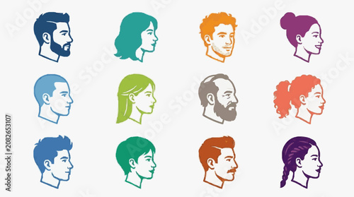 Clean Colorful Illustrated Silhouette Portraits of Diverse Male and Female Profiles in Vibrant Colors