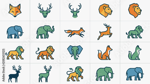 Clean Colorful Illustrations of Various Animals in Different Poses and Color Schemes with high quality professional line art symbols for modern creative design and digital branding projects