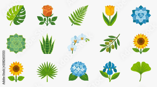 Clean Colorful of 15 Unique Plants and Flowers with Bright Green Blue Yellow and Orange Shades with high quality professional line art symbols for modern creative design and digital branding projects