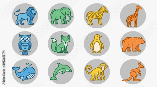Clean Colorful Illustrated Animal Icons Set with Lion Elephant Zebra Giraffe Owl Fox Penguin Bear Whale Dolphin Monkey Kangaroo