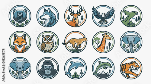Clean Colorful Illustrated Animal Icons Set with Forest Backgrounds in Circular Frames with high quality professional line art symbols for modern creative design and digital branding projects