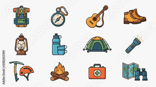 Clean Colorful Illustrated Icons of Camping and Outdoor Adventure Essentials with high quality professional line art symbols for modern creative design and digital branding projects