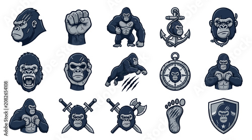 Foto Tribal gorilla adventurer icons with swords and skulls.