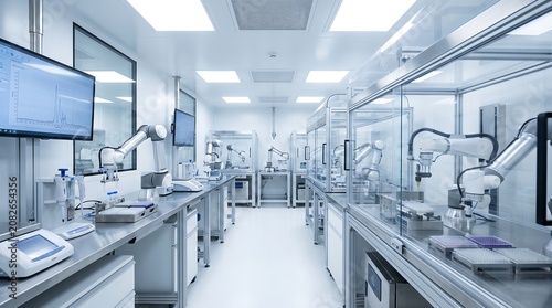 Advanced automated research laboratory with multiple robotic arms, sophisticated scientific instruments, and digital displays, designed for precision experiments and technological breakthroughs