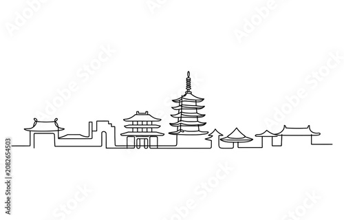 Schilderij op canvas Continuous single line drawing of japanese city skyline with traditional pagoda