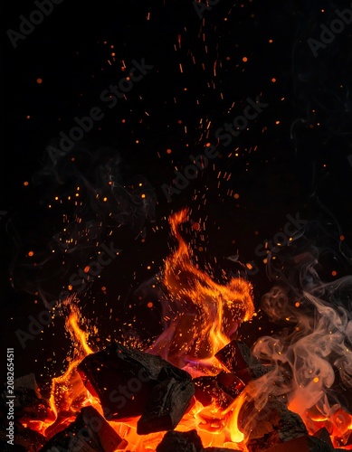 Burning embers and flames create fiery sparkles and smoke in darkness