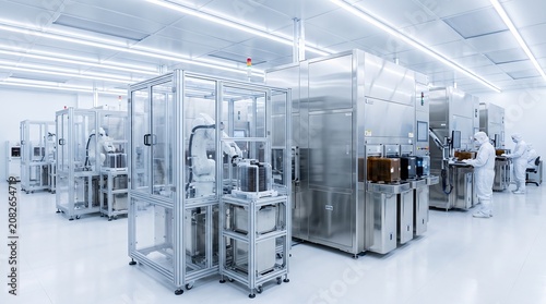 Advanced industrial cleanroom utilizing robotic automation for high-precision manufacturing and smart control systems for modern agriculture technology