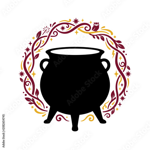 Black cast iron cauldron surrounded by decorative floral elements  