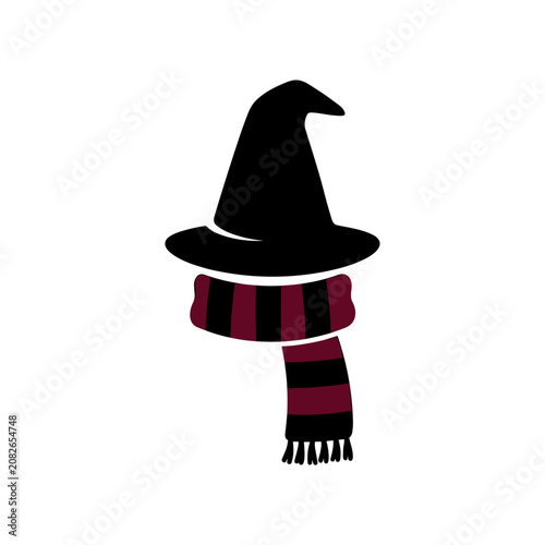 Black wizard hat with striped scarf in burgundy and black colors  