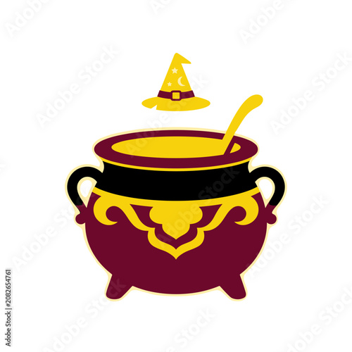 Black iron cauldron with spoon and wizard hat floating above  