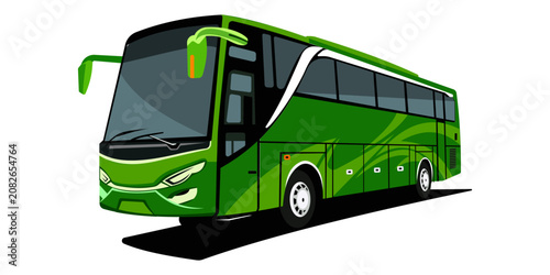 A simple illustration of a modern green bus with a sleek design, large windows, and detailed wheels on a clean background