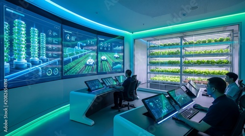 High-tech control center monitoring smart vertical farming systems, visualizing data on large screens for precision agriculture and sustainable food production