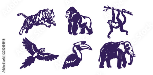 Photography Artistic jungle wildlife illustrations in indigo brush style for nature conserva