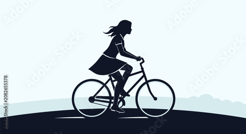 Minimalist silhouette illustration of a young woman riding a bicycle outdoors during sunset
