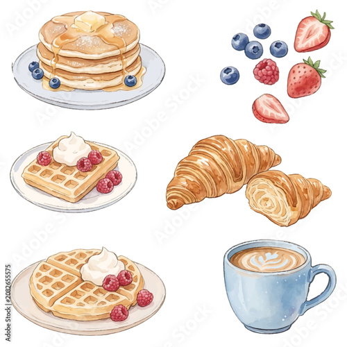 Coffee and Sweet Bakery Icon Set with Cakes Croissant Cupcake Chocolate Dessert Breakfast Pastry Bread Sandwich Pizza Burger Candy Cartoon Vector Illustration Collection