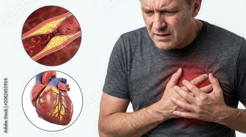Human heart and blood vessel cross-section depicting myocardial infarction.