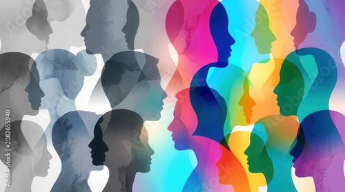 Multi-colored silhouettes of human heads illustrating demography change and diversity.