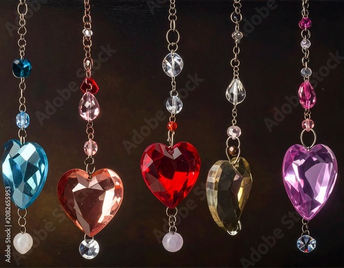 Close-up of heart-shaped crystal pendants on chains, various colors against a dark background