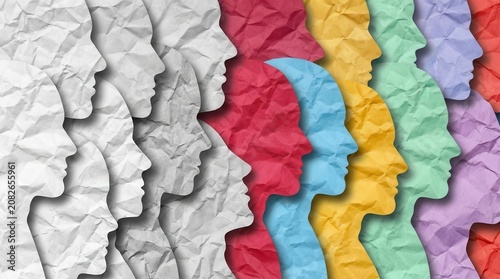 Demographic change and population diversity shown through multicolored paper silhouettes.