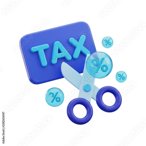 Tax label with scissors and percentage symbols 3D tax reduction icon on transparent background