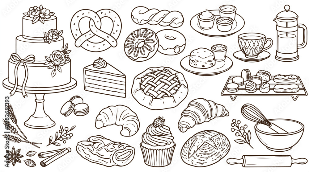 Obraz premium Hand Drawn Bakery and Pastry Collection Featuring Delicious Cakes Croissants Cookies and Gourmet Desserts for Cafe Menu Design