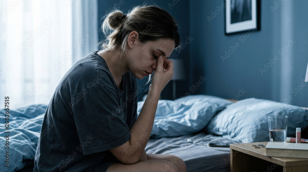 Obraz premium Woman Sitting On Bed Experiencing A Moment Of Distress
